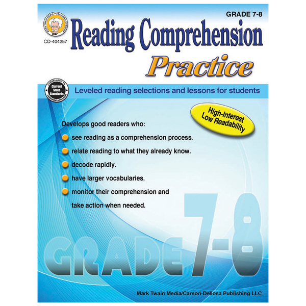 Mark Twain Media Reading Comprehension Practice Resource Book, Grade 7-8, Paperback 404257